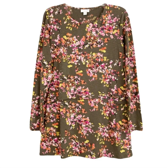 J. Jill Floral Watercolor Layered Tunic Top Size S Long Sleeve Cotton Blend WT53 - Picture 4 of 10